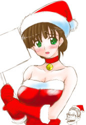 Rule 34 | 1girl, bell, blush, breasts, brown hair, christmas, gloves, green eyes, hat, jingle bell, large breasts, original, red gloves, santa costume, santa hat, short hair, sign, simple background, solo