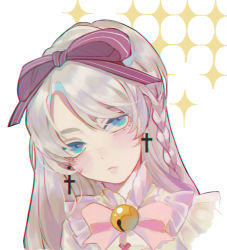 Rule 34 | 1girl, bell, blue eyes, blush, bow, closed mouth, commentary, cross, cross earrings, dress, earrings, ez 1011, frilled dress, frills, grey hair, hair bow, head tilt, jewelry, jingle bell, long hair, looking at viewer, purple bow, solo, white dress