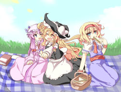 Rule 34 | 172cm, 3girls, alice margatroid, basket, blonde hair, blue eyes, book, bow, braid, capelet, crescent, day, dress, eating, female focus, food, grass, hair bow, hairband, hat, kirisame marisa, long hair, multiple girls, open mouth, outdoors, patchouli knowledge, picnic, picnic basket, purple hair, ribbon, sandwich, sash, short hair, single braid, sitting, sky, touhou, witch hat, wrist cuffs
