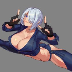 Rule 34 | 1girl, absurdres, angel (kof), blue eyes, bra, breasts, chaps, commission, cropped jacket, horns pose, fingerless gloves, flexible, gloves, hair over one eye, highres, index fingers raised, jacket, large breasts, leather, leather jacket, snk, split, spread legs, strapless, strapless bra, the king of fighters, the king of fighters xiv, thighs, toned, ttt (titatuem), underwear