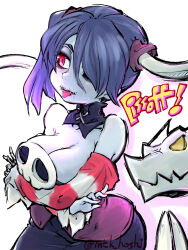 Rule 34 | 1girl, blue hair, blue skin, breasts, cleavage, colored skin, crossed arms, detached collar, detached sleeves, dress, hair over one eye, highres, large breasts, leviathan (skullgirls), mtk hoshi, red eyes, red nails, side ponytail, skeletal arm, skullgirls, smile, solo, squigly (skullgirls), stitched mouth, stitches, tongue, tongue out, zombie