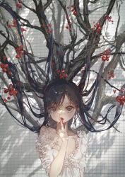 Rule 34 | 1girl, black hair, blush, branch, breasts, brown eyes, cleavage, copyright request, cover, cover page, food, fruit, hand up, highres, holding, holding food, holding fruit, long hair, looking at viewer, novel cover, novel illustration, official art, roki (0214278), shadow, shirt, short sleeves, small breasts, solo, textless version, tongue, tongue out, upper body, very long hair, white shirt
