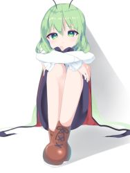Rule 34 | 1girl, alternate hair length, alternate hairstyle, antennae, black cape, black shorts, blush, boots, brown footwear, cape, closed mouth, collared shirt, commentary, expressionless, full body, green eyes, green hair, hugging own legs, kari (atsuki 565), long hair, looking at viewer, red cape, shirt, shorts, sitting, solo, touhou, two-sided cape, two-sided fabric, white background, white shirt, wriggle nightbug