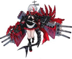 Rule 34 | 1girl, admiral graf spee (azur lane), azur lane, black dress, blue eyes, breasts, claws, clothing cutout, covered mouth, cross, dress, fins, fish tail, frilled dress, frills, full body, iron cross, joints, looking at viewer, machinery, mechanical arms, medium breasts, multicolored hair, official art, ran (bukeranwu), red hair, robot joints, scarf, short dress, short hair with long locks, silver hair, solo, standing, streaked hair, tachi-e, tail, torn clothes, torn scarf, transparent background, turret, two-tone hair, underboob, underboob cutout