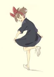 Rule 34 | 1girl, black dress, blush, blush stickers, brown hair, dress, eyebrows, female focus, full body, highres, holding, holding clothes, holding dress, kiki (majo no takkyuubin), looking at viewer, looking back, majo no takkyuubin, nike (company), no socks, open mouth, popman3580, shoes, short hair, simple background, smile, sneakers, solo, standing, standing on one leg, studio ghibli, tagme, white footwear, yellow background