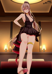 Rule 34 | 1boy, 1girl, azur lane, bare shoulders, bed, bedroom, black gloves, black nails, blonde hair, blush, breasts, censored, cleavage, cleft of venus, closed mouth, cocktail dress, commentary request, commission, dress, erection, evening gown, footjob, gloves, gold bracelet, gold choker, hair between eyes, halter dress, halterneck, hand on own hip, hetero, high ponytail, highres, indoors, jean bart (azur lane), jean bart (uninhibited bloodstone) (azur lane), lampshade, large breasts, long hair, lying, mosaic censoring, nail polish, no panties, on back, out of frame, penis, pillow, ppshex, pussy, red eyes, sidelocks, skirt, stepped on, thighlet, toenail polish, toenails, upskirt, very long hair