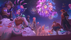 Rule 34 | armor, balloon, beard, black hair, blue hair, brown hair, caitlyn (league of legends), cape, chest armor, city, coat, colored skin, creature, crop top, diana (league of legends), closed eyes, facial hair, fireworks, flower, gauntlets, gem, goggles, goggles on head, graves (league of legends), green skin, hat, highres, hood, hoodie, jewelry, league of legends, leg armor, legends of runeterra, leona (league of legends), lgbt pride, long hair, looking at another, looking at viewer, multicolored skin, necklace, neeko (league of legends), night, night sky, open mouth, outdoors, pants, pink hair, poro (league of legends), purple hair, rainbow flag, short hair, skirt, sky, sleeveless, smile, squatting, teeth, tongue, twisted fate, tyari the traveler, vi (league of legends), white hair, yeorin