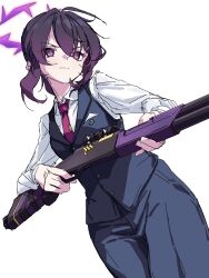 Rule 34 | 1girl, absurdres, black vest, blue archive, closed eyes, collared shirt, gun, halo, haruka (blue archive), haruka (suit) (blue archive), highres, holding, holding gun, holding weapon, kame 0 0 kame, long sleeves, necktie, official alternate costume, pants, purple eyes, purple hair, red necktie, shirt, shotgun, simple background, solo, vest, weapon, white background, white shirt