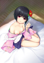 Rule 34 | 1girl, absurdres, apron, bare shoulders, black hair, blush, breasts, flower, from above, futon, hair flower, hair ornament, highres, japanese clothes, kimono, looking at viewer, maid, nipples, non-web source, nonohara miki, off shoulder, original, panties, panty pull, parted lips, pink kimono, red eyes, short hair, sitting, small breasts, smile, solo, sunlight, tatami, underwear, wa maid, white panties, yokozuwari