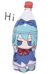 Rule 34 | absurdres, bad id, bad twitter id, blue bow, blue dress, blue eyes, blue footwear, blue hair, bottle, bow, cirno, collared shirt, commentary request, doll, dress, fairy wings, fumo (doll), hair bow, highres, ice, ice wings, in bottle, in container, kame (kamepan44231), long dress, neck ribbon, pinafore dress, red ribbon, ribbon, shirt, short hair, sleeveless dress, smile, touhou, white shirt, wings