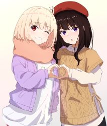 Rule 34 | 2girls, akaneiro (akane color35), aran sweater, black hair, black headwear, blonde hair, cable knit, commentary request, grin, heart, heart hands, highres, inoue takina, jacket, long hair, lycoris recoil, multiple girls, nishikigi chisato, one eye closed, open clothes, open jacket, orange scarf, purple eyes, purple jacket, red eyes, scarf, shirt, short hair, simple background, smile, sweater, teeth, upper body, white background, white shirt, winter clothes, yellow shirt