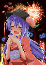 Rule 34 | 1girl, alternate costume, blue hair, blush, dress, closed eyes, female focus, fireworks, floral print, food, fruit, own hands clasped, hat, highres, hinanawi tenshi, japanese clothes, kimono, long hair, open mouth, own hands together, peach, red dress, reflection, sash, smile, solo, touhou, wakagi repa, wide sleeves