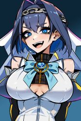 Rule 34 | 1girl, bare shoulders, blue bow, blue bowtie, blue eyes, blue hair, bow, bowtie, breasts, chain, chain headband, cleavage cutout, clothing cutout, colored inner hair, dark blue hair, detached sleeves, hair between eyes, hair intakes, highres, hololive, hololive english, jewelry, large breasts, long sleeves, looking at viewer, multicolored hair, nagainegi, open mouth, ouro kronii, ouro kronii (1st costume), shirt, short hair, simple background, upper body, virtual youtuber, white veil