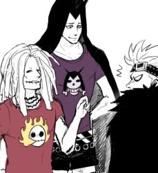 Rule 34 | 3boys, eustass kid, heat (one piece), hood, jolly roger, male focus, multiple boys, one piece, red hair, scar, shirt, smile, surprised, t-shirt, tattoo, wire (one piece)