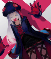 Rule 34 | 1girl, absurdres, black gloves, blue eyes, blue hat, disembodied hand, floating, gag, gloves, grey hair, hair between eyes, hat, highres, hood, hood down, improvised gag, momokumo, multicolored clothes, multicolored gloves, original, red gloves, shadow, sleeves past fingers, sleeves past wrists, solo, stitches, tape, tape gag, x