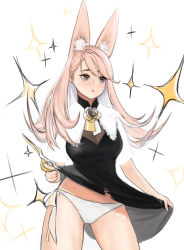Rule 34 | 1girl, absurdres, animal ears, azelweien, black dress, blue eyes, blush, breasts, rabbit, cleavage, clothes lift, commentary, dress, dress lift, english commentary, glint, highres, medium breasts, original, panties, parted lips, pink hair, rabbit ears, rabbit girl, scissors, side-tie panties, underwear, white panties