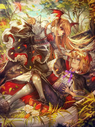Rule 34 | 1boy, 1girl, black legwear, black skirt, blonde hair, blue eyes, book, brother and sister, check copyright, copyright request, fingernails, flower, frills, granblue fantasy, head wings, highres, leaf, long hair, open mouth, parted lips, pointing, pointy ears, red eyes, red flower, red wings, sharp fingernails, shoes, short hair, siblings, skirt, smile, tree, vampy, veight, white legwear, wings, yumeko (yumeyana g)