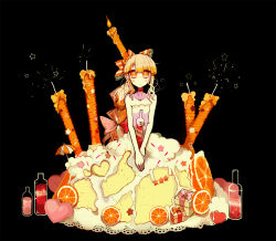 Rule 34 | 1girl, bare shoulders, black background, blonde hair, blunt bangs, blush, bottle, bow, box, cake, candle, collar, collarbone, dress, food, freckles, fruit, gift, gift box, hair bow, heart, highres, lace, lace-trimmed dress, lace trim, long hair, orange (fruit), orange eyes, orange slice, original, own hands together, personification, sidelocks, simple background, sitting, solo, star (symbol), terada tera, umbrella, very long hair