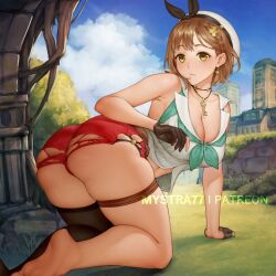Rule 34 | 1girl, all fours, ass, atelier (series), atelier ryza, atelier ryza 2, bare shoulders, barefoot, blush, breasts, brown eyes, brown hair, cleavage, embarrassed, from behind, hair ornament, hair ribbon, hairclip, hat, key, key necklace, large breasts, looking back, looking down, mystra77, necklace, red shorts, reisalin stout, ribbon, short hair, short shorts, shorts, single thighhigh, solo, thigh strap, thighhighs, torn clothes