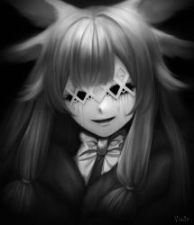 Rule 34 | 1girl, black background, bow, bowtie, coat, columbina (genshin impact), dried blood, fur coat, fur collar, genshin impact, greyscale, hair tie, highres, looking at viewer, mask, mask on head, masquerade mask, monochrome, no eyes, smile, solo, teeth, vialle, watermark, wings