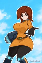 Rule 34 | 1girl, arm cannon, artist name, belt, belt buckle, black eyes, black gloves, black pantyhose, blue background, blue footwear, boots, breasts, brown belt, brown hair, buckle, character name, closed mouth, cloud, dodo-bot, dress, expressionless, eyelashes, gloves, glowing, highres, knee boots, large breasts, legs apart, long sleeves, looking at viewer, medium hair, mii (nintendo), mii gunner, nintendo, open hand, orange dress, orange footwear, orange sweater, outline, pantyhose, reaching, reaching towards viewer, solid eyes, solo, standing, super smash bros., sweater, sweater dress, thick thighs, thighs, weapon, white outline, wide hips
