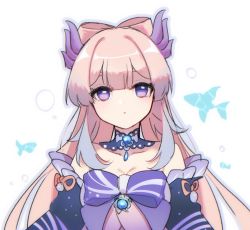Rule 34 | 1girl, :o, bare shoulders, blue eyes, bow, bowtie, breasts, cleavage, detached collar, fish, genshin impact, hair ornament, hoshina meito, long sleeves, looking at viewer, open mouth, pink hair, sangonomiya kokomi, simple background, upper body, water drop, white background