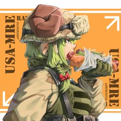 Rule 34 | 1girl, braid, camouflage, camouflage jacket, eating, food, food in mouth, gloves, goat girl, goat horns, green eyes, green gloves, green hair, hair ribbon, hat, helmet, holding, holding food, horns, hot dog, jacket, long sleeves, medium hair, military, military hat, military uniform, original, pointy ears, ribbon, solo, uniform, united states army, vest, zuoteng lucha