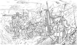 Rule 34 | 120mm rheinmetall l55, 2boys, 3girls, aircraft, ammunition pouch, animal ears, assault rifle, bad id, bad pixiv id, battle, battle rifle, dakku (ogitsune), explosion, fighting, general-purpose machine gun, gloves, goggles, goggles on head, greyscale, gun, h&amp;k g3, headset, helicopter, helmet, kneeling, looking at viewer, machine gun, mecha musume, mg3, mi-24, military, military uniform, military vehicle, monochrome, motion blur, motor vehicle, multiple boys, multiple girls, original, outdoors, panties, pantyhose, pouch, reclining, rifle, sketch, soldier, strike witches, strike witches 1991, striker unit, tail, tank, thighhighs, torn clothes, torn legwear, underwear, uniform, vehicle, war, weapon, world witches series