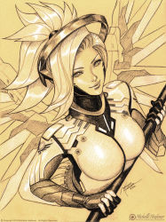 Rule 34 | 1girl, 2016, artist name, bodysuit, breasts, dated, emblem, eyelashes, graphite (medium), halo, high ponytail, highres, holding, holding staff, lips, looking at viewer, mechanical halo, mechanical wings, medium breasts, mercy (overwatch), michelle hoefener, monochrome, nose, overwatch, overwatch 1, parted lips, patreon, patreon username, signature, simple background, sketch, smile, solo, spread wings, staff, traditional media, upper body, watermark, web address, wings, yellow background, yellow theme