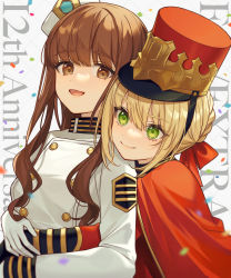 Rule 34 | 2girls, blonde hair, braid, brown eyes, brown hair, cape, commentary request, english text, fate/extra, fate (series), green eyes, hair ribbon, hat, highres, hug, hug from behind, karokuchitose, kishinami hakuno (female), long hair, multiple girls, nero claudius (fate), nero claudius (fate) (all), nero claudius (fate/extra), official alternate costume, red cape, red headwear, red ribbon, ribbon, smile, white headwear
