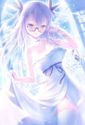 1girl absurdres bare_shoulders blue_eyes blush breasts choker cleavage dress glasses highres jewelry large_breasts long_hair looking_at_viewer masatoki necklace open_mouth original solo thighhighs thighs two_side_up white_dress white_hair white_thighhighs