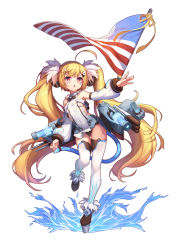 Rule 34 | 1girl, ahoge, american flag, azur lane, blonde hair, breasts, bright pupils, covered navel, detached sleeves, eldridge (azur lane), facial mark, full body, highres, latioss, leotard, long hair, open mouth, outstretched arm, pink eyes, rigging, simple background, small breasts, solo, standing, standing on one leg, tail, thighhighs, twintails, very long hair, white background, white thighhighs