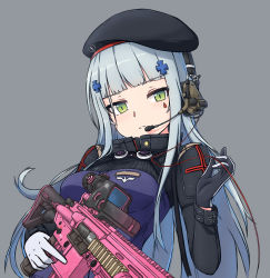 Rule 34 | 1girl, absurdres, assault rifle, beret, blue jacket, blunt bangs, commentary, cross, cross hair ornament, eotech, facial mark, facial tattoo, girls&#039; frontline, gloves, green eyes, grey background, grey gloves, gun, h&amp;k hk416, hair ornament, hairclip, hat, headset, heckler &amp; koch, highres, hime cut, hk416 (girls&#039; frontline), holding, holding weapon, jacket, long hair, military jacket, parted lips, rifle, silver hair, simple background, solo, tattoo, teardrop, trigger discipline, very long hair, weapon, xandier59