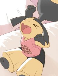 Rule 34 | &gt; &lt;, arm up, clenched hands, commentary, creatures (company), game freak, gen 3 pokemon, highres, mawaifu, mawile, nintendo, open mouth, pink shirt, pokemon, pokemon (creature), shirt, short sleeves, sitting, solo, stretching, t-shirt, tongue, v-neck, yawning