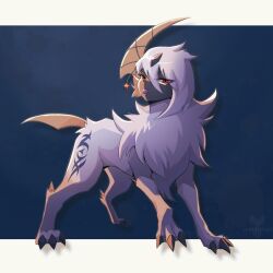 Rule 34 | absol, animal focus, artist name, blue background, chain, claws, closed mouth, creatures (company), cross, fang, full body, fur collar, game freak, gen 3 pokemon, hair between eyes, half-closed eyes, highres, horn ornament, horns, latin cross, leg tattoo, letterboxed, looking at viewer, nintendo, no humans, outline, outside border, pokemon, pokemon (creature), red eyes, short hair, sidelocks, simple background, solo, standing, tattoo, tenebscuro, tongue, tongue out, v-shaped eyebrows, watermark, white hair