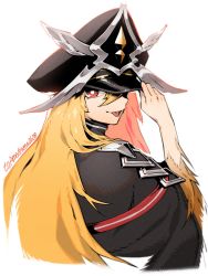 Rule 34 | 1girl, black hat, blonde hair, borrowed character, fingernails, fur, happy birthday, hat, highres, long hair, original, pinkboy, red eyes, signature, simple background, solo, tongue, tongue out, uniform, upper body, white background
