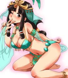 Rule 34 | 10s, 1girl, ;), anklet, bare legs, barefoot, black hair, blush, bracelet, breasts, cleavage, dancer, feet, harem outfit, headdress, jewelry, large breasts, long hair, lots of jewelry, necklace, one eye closed, saaya (suisei no gargantia), smile, soles, solo, suisei no gargantia, suzurino, v, wink