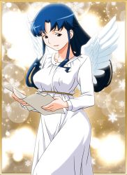 Rule 34 | 1990s (style), 1girl, blue eyes, blue hair, cowboy shot, dress, feathered wings, fujiwara aya, holding, holding paper, long hair, long sleeves, non-web source, official art, open mouth, paper, retro artstyle, snowflake background, solo, super real mahjong, tanaka ryou, white dress, white wings, wings