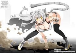 Rule 34 | 1girl, animal ears, bent over, bikini, blush, breasts, cat ears, cat tail, cleavage, collar, dust, fingerless gloves, gloves, grey hair, kimura shigetaka, large breasts, legs, long hair, original, solo, swimsuit, tail, thighhighs, yellow eyes