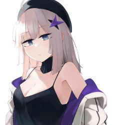 Rule 34 | 1girl, aa-12 (girls&#039; frontline), absurdres, ahoge, armpits, bare shoulders, beret, black camisole, black choker, black headwear, black shirt, blue eyes, breasts, camisole, choker, cleavage, closed mouth, collarbone, from side, girls&#039; frontline, grey hair, hair ornament, hairclip, half-closed eyes, hat, highres, hinami047, jacket, long hair, looking at viewer, medium breasts, multicolored clothes, multicolored jacket, off shoulder, purple jacket, shirt, sidelocks, simple background, two-tone jacket, unamused, upper body, white background, white jacket
