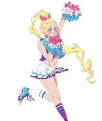 Rule 34 | 1girl, artist request, blonde hair, blue eyes, bow, cheerleader, cheerleader cookie, closed mouth, cookie run, full body, hair bow, happy, humanization, lips, looking at viewer, non-web source, personification, pom pom (cheerleading), ponytail, simple background, smile, solo