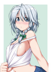 Rule 34 | 1girl, :o, arched back, bare shoulders, blue eyes, blue shorts, blush, border, bow, braid, breasts, cleavage, commentary request, green background, green bow, hair between eyes, hair bow, highres, izayoi sakuya, large breasts, looking at viewer, navel, nori tamago, nose blush, open mouth, outside border, pulling back, shirt, short hair, shorts, side braids, sideboob, silver hair, simple background, solo, sweat, tank top, touhou, twin braids, upper body, white shirt