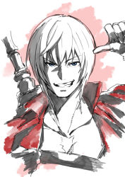 Rule 34 | 1boy, bare pectorals, black gloves, blue eyes, coat, devil may cry, devil may cry (series), devil may cry 3, fingerless gloves, gloves, grin, male focus, mitogawawataru, pectorals, red coat, sketch, smile, solo, spot color, sword, upper body, weapon, weapon on back