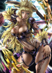 Rule 34 | 1girl, animal ears, aqua eyes, blonde hair, body markings, bracelet, breasts, chain, closed mouth, commission, contrapposto, eternal wheel, fingernails, jewelry, kaopon, large breasts, light smile, long fingernails, long hair, looking at viewer, motion blur, nail polish, navel, purple nails, revealing clothes, shoulder pads, skeb commission, skindentation, solo, very long hair