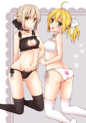 Rule 34 | 2girls, ahoge, arm behind back, artoria pendragon (all), artoria pendragon (fate), ass, bell, black panties, black thighhighs, bra, butt crack, cat cutout, cat lingerie, choker, cleavage cutout, clothing cutout, fate/stay night, fate/unlimited codes, fate (series), from behind, frown, hand on own hip, highres, jingle bell, meme attire, multiple girls, neck bell, panties, print panties, saber (fate), saber alter, saber lily, thighhighs, underwear, underwear only, wankoba, white legwear