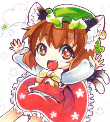 Rule 34 | 1girl, animal ears, blush, bow, brown eyes, brown hair, cat ears, cat girl, cat tail, chen, chibi, ear piercing, earrings, female focus, flower, hat, heart, jewelry, multiple tails, nekomata, open mouth, outstretched arms, piercing, shirt, short hair, skirt, smile, solo, symbol-shaped pupils, tail, takamoto akisa, touhou