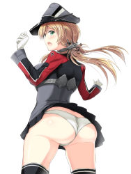 Rule 34 | 10s, 1girl, anchor hair ornament, ass, black skirt, black thighhighs, blonde hair, blush, breasts, butt crack, cowboy shot, cross, from behind, from below, gin&#039;ichi (akacia), gloves, green eyes, hair ornament, hat, highres, iron cross, kantai collection, large breasts, long sleeves, looking at viewer, looking back, low twintails, lowleg, lowleg panties, microskirt, military, military hat, military uniform, open mouth, panties, peaked cap, pleated skirt, prinz eugen (kancolle), simple background, skirt, solo, thighhighs, twintails, underwear, uniform, white background, white gloves, white panties