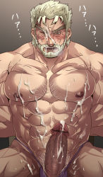 Rule 34 | 1boy, abs, arms behind back, bar censor, bara, beard, blush, body hair, bound, bound wrists, bulge, censored, chair, chest hair, cum, cum on body, cum on male, cum on self, cum on upper body, erection, facial, facial hair, green eyes, grey hair, jojo no kimyou na bouken, joseph joestar, joseph joestar (old), large pectorals, looking at viewer, male focus, manly, muscular, nipples, old, old man, pectorals, rybiok, sitting, solo, thick eyebrows, thick thighs, thighs, topless male, upper body