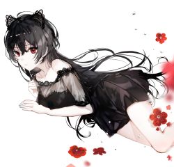 Rule 34 | 1girl, ahoge, animal ears, bare shoulders, black dress, black hair, blurry, breasts, cleavage, closed mouth, dress, expressionless, fake animal ears, flower, hair between eyes, lace trim, long hair, looking at viewer, medium breasts, naru (ul), original, red eyes, red flower, see-through, simple background, solo, thighs, very long hair, white background
