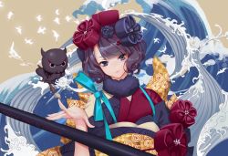 Rule 34 | 1girl, commentary, english commentary, fate/grand order, fate (series), flower, giant brush, hair flower, hair ornament, head tilt, japanese clothes, katsushika hokusai (fate), kimono, looking at viewer, lucidsky, octopus, paintbrush, purple eyes, purple hair, short hair, smile, solo, waves